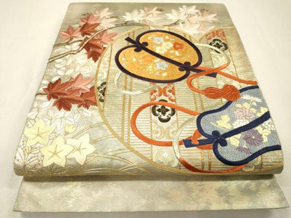 平和屋着物▼太鼓柄袋帯　駒刺繍　総刺繍　軍配　金糸　引箔　正絹　逸品　DABI7179fe