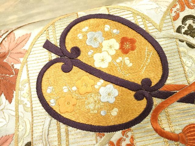 平和屋着物▼太鼓柄袋帯　駒刺繍　総刺繍　軍配　金糸　引箔　正絹　逸品　DABI7179fe