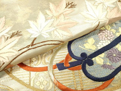 平和屋着物▼太鼓柄袋帯　駒刺繍　総刺繍　軍配　金糸　引箔　正絹　逸品　DABI7179fe
