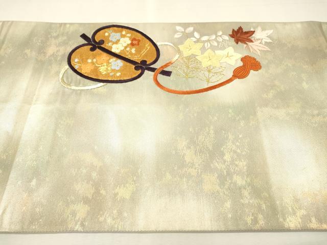 平和屋着物▼太鼓柄袋帯　駒刺繍　総刺繍　軍配　金糸　引箔　正絹　逸品　DABI7179fe