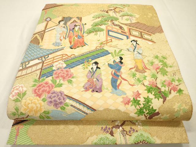 平和屋着物▼綴れ　太鼓柄袋帯　人物風景文　金糸　正絹　逸品　DABI7183fe