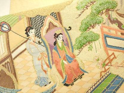 平和屋着物▼綴れ　太鼓柄袋帯　人物風景文　金糸　正絹　逸品　DABI7183fe