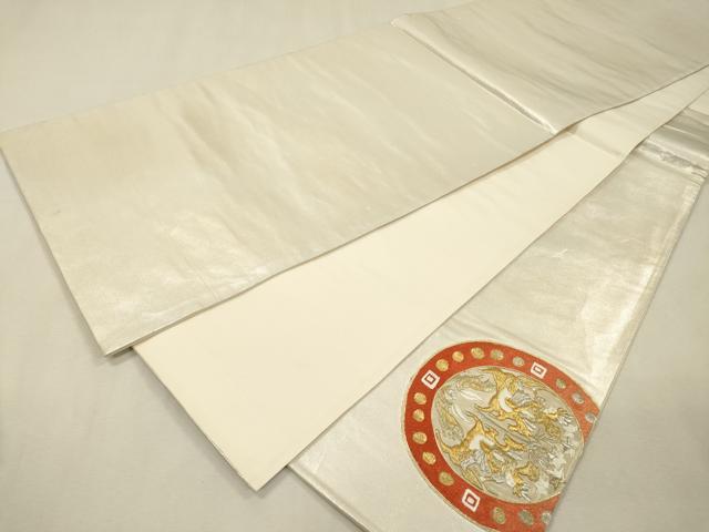 平和屋着物▼太鼓柄袋帯　駒刺繍　総刺繍　狩猟花絵皿文　金銀糸　正絹　逸品　DABI7190fe
