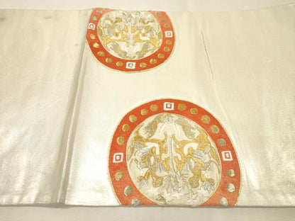 平和屋着物▼太鼓柄袋帯　駒刺繍　総刺繍　狩猟花絵皿文　金銀糸　正絹　逸品　DABI7190fe