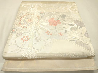 平和屋着物▼西陣　太鼓柄袋帯　総刺繍　正倉院花鳥文　銀糸　証紙付き　正絹　逸品　DABI7192fe