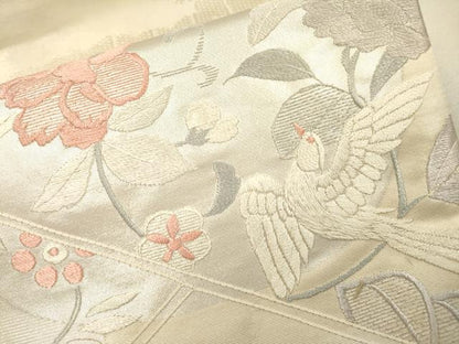 平和屋着物▼西陣　太鼓柄袋帯　総刺繍　正倉院花鳥文　銀糸　証紙付き　正絹　逸品　DABI7192fe