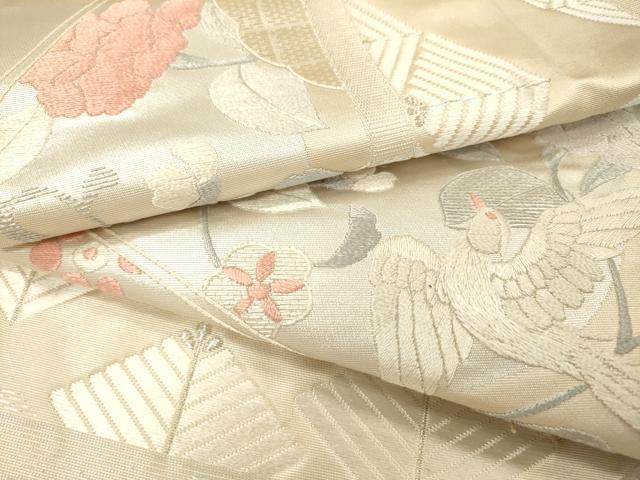 平和屋着物▼西陣　太鼓柄袋帯　総刺繍　正倉院花鳥文　銀糸　証紙付き　正絹　逸品　DABI7192fe