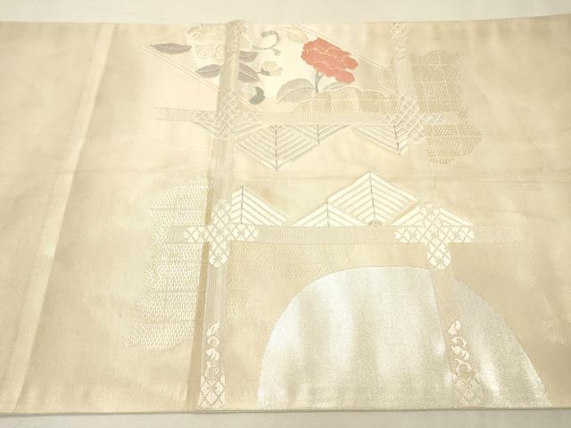 平和屋着物▼西陣　太鼓柄袋帯　総刺繍　正倉院花鳥文　銀糸　証紙付き　正絹　逸品　DABI7192fe