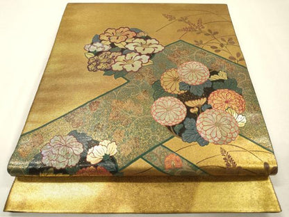 平和屋着物▼太鼓柄袋帯　螺鈿箔　作家物　花丸文　金彩　引箔　正絹　逸品　未使用　DABI7193fe
