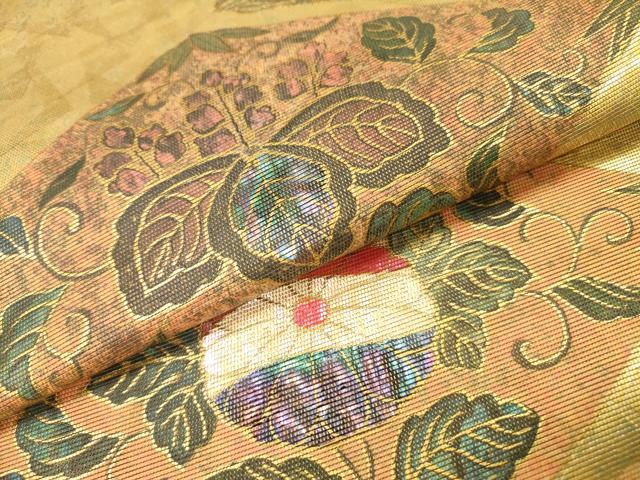 平和屋着物▼太鼓柄袋帯　螺鈿箔　花菱文　金彩　引箔　正絹　逸品　DABI7194fe