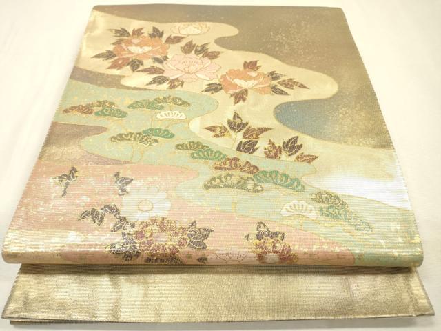 平和屋着物▼太鼓柄袋帯　螺鈿箔　道長花松文　金彩　引箔　正絹　逸品　DABI7218fe