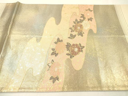 平和屋着物▼太鼓柄袋帯　螺鈿箔　道長花松文　金彩　引箔　正絹　逸品　DABI7218fe