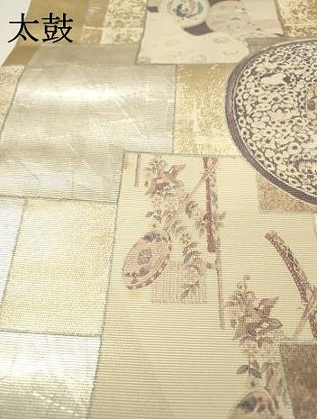 平和屋着物▼太鼓柄袋帯　螺鈿箔　色紙花絵皿文　金銀彩　正絹　逸品　未使用　DABI7220fe