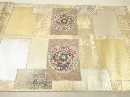 平和屋着物▼太鼓柄袋帯　螺鈿箔　色紙花絵皿文　金銀彩　正絹　逸品　未使用　DABI7220fe