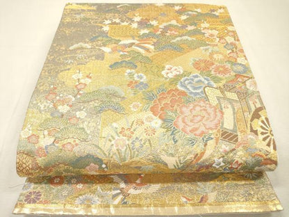 平和屋着物▼全通柄袋帯　綾小路錦　御所車飛鳥花文　金糸　正絹　逸品　DABI7251fe