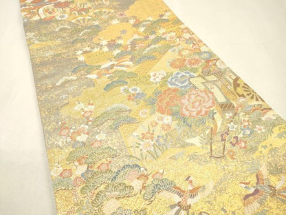 平和屋着物▼全通柄袋帯　綾小路錦　御所車飛鳥花文　金糸　正絹　逸品　DABI7251fe