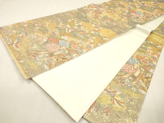 平和屋着物▼全通柄袋帯　綾小路錦　御所車飛鳥花文　金糸　正絹　逸品　DABI7251fe