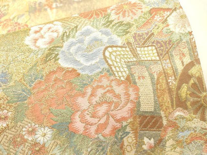平和屋着物▼全通柄袋帯　綾小路錦　御所車飛鳥花文　金糸　正絹　逸品　DABI7251fe