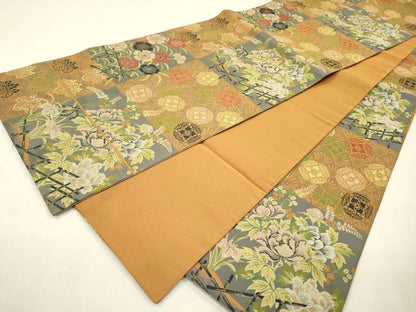 平和屋着物▼山喜織物謹製　萬葉　紹巴　全通柄袋帯　草花文　正絹　逸品　未使用　DABI7253fe