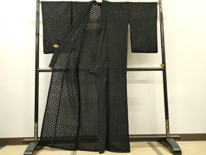 平和屋着物＊夏物　小紋　総レース　花丸文　黒地　DABI7264fe