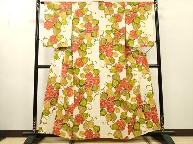 平和屋着物▽上質な小紋　単衣　花唐草文　正絹　逸品　DABI7267fe