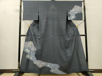 平和屋着物▽訪問着　単衣　紬地　絞り　道長舞花文　正絹　逸品　DABI7288fe