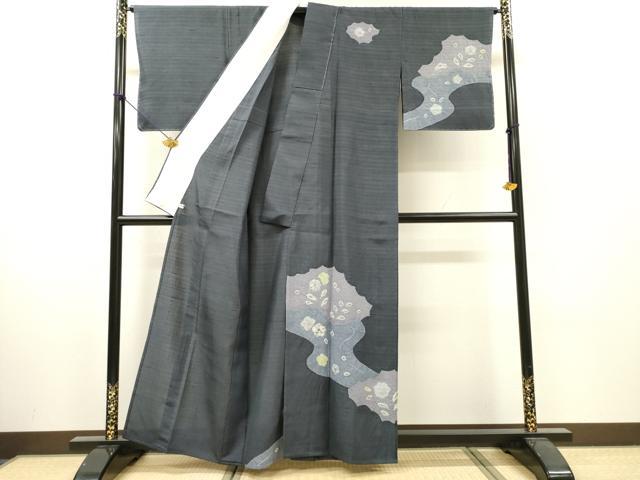 平和屋着物▽訪問着　単衣　紬地　絞り　道長舞花文　正絹　逸品　DABI7288fe