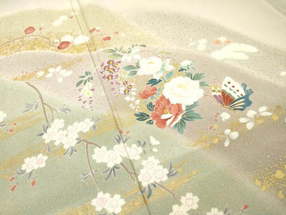 平和屋着物▽訪問着　単衣　刺繍　舞蝶花文　暈し染　金彩　鈴乃屋扱い　正絹　逸品　DABI7307fe