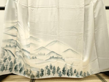 平和屋着物▼訪問着　手描き　飛鶴樹林文　暈し染　正絹　逸品　DABI7338fe