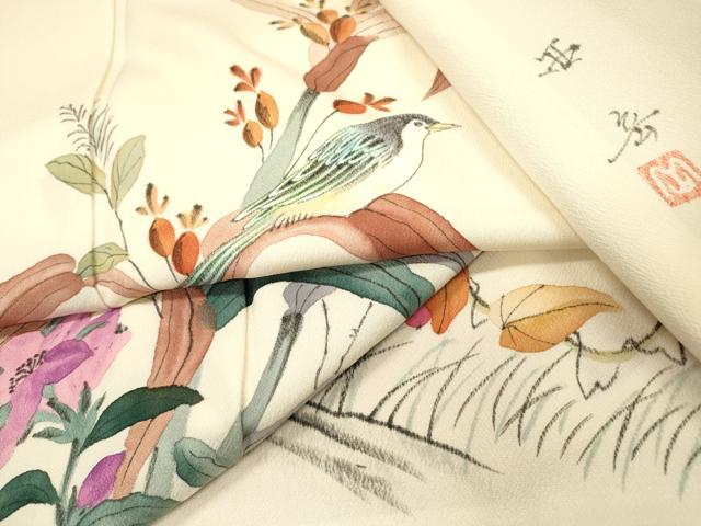 平和屋着物▼訪問着　作家物　手描き　花鳥文　正絹　逸品　DABI7365fe