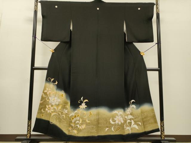 平和屋着物▼豪華黒留袖　刺繍　花唐草文　暈し染　金銀糸　正絹　逸品　DABI7368fe