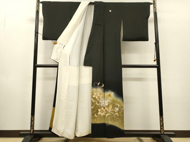 平和屋着物▼豪華黒留袖　刺繍　花唐草文　暈し染　金銀糸　正絹　逸品　DABI7368fe