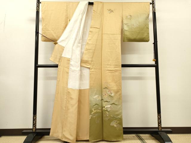 平和屋着物▼訪問着　刺繍　扇面花松文　暈し染　金銀彩　正絹　逸品　DABI7369fe