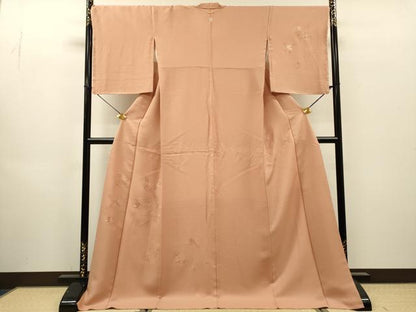 平和屋着物●中国三大刺繍 スワトウ刺繍 汕頭刺繍 相良刺繍 総刺繍 無地絵羽訪問着 飛鳥花文 珊瑚色 ロング丈 正絹 逸品 未使用 DABI7382fe