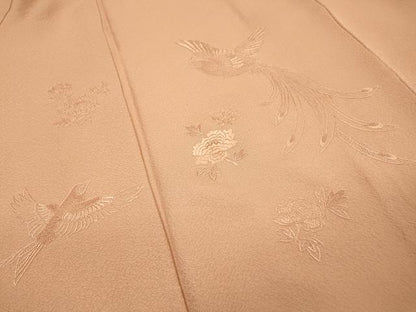 平和屋着物●中国三大刺繍 スワトウ刺繍 汕頭刺繍 相良刺繍 総刺繍 無地絵羽訪問着 飛鳥花文 珊瑚色 ロング丈 正絹 逸品 未使用 DABI7382fe