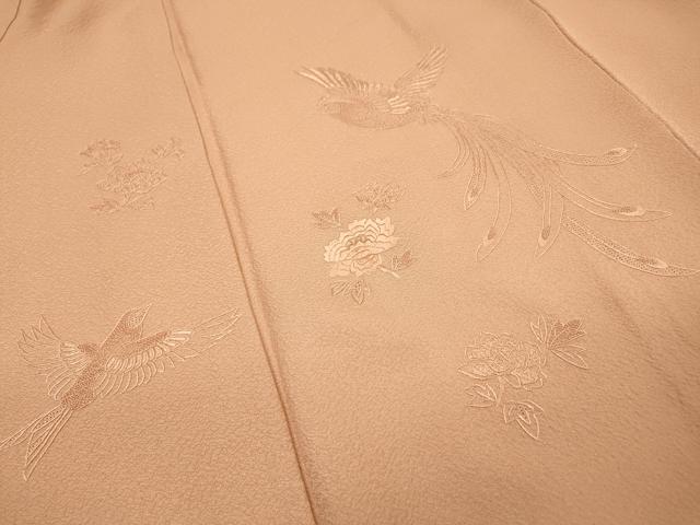 平和屋着物●中国三大刺繍 スワトウ刺繍 汕頭刺繍 相良刺繍 総刺繍 無地絵羽訪問着 飛鳥花文 珊瑚色 ロング丈 正絹 逸品 未使用 DABI7382fe