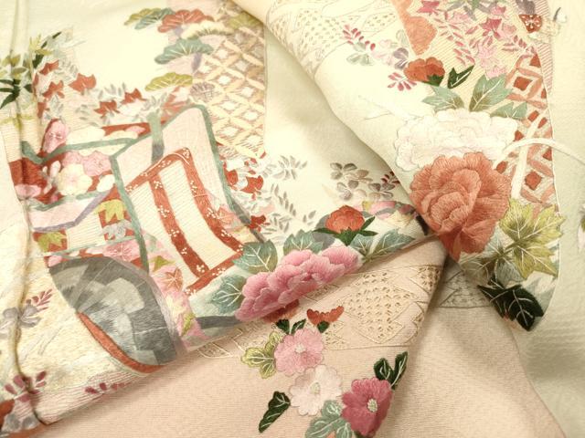 平和屋着物●中国三大刺繍　スワトウ刺繍　汕頭刺繍　相良刺繍　総刺繍　訪問着　御所車短冊花文　暈し染　正絹　逸品　DABI7383fe