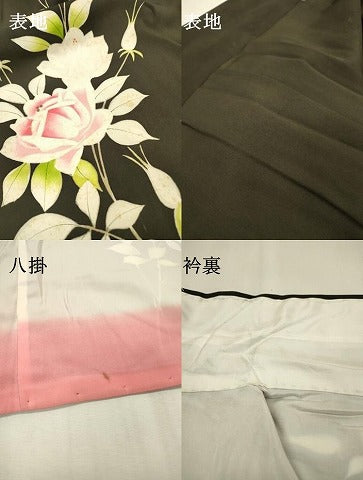 平和屋着物▼訪問着　手描き　草花　黒地　金彩　正絹　逸品　DABI7386fe