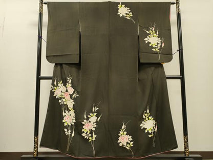 平和屋着物▼訪問着　手描き　草花　黒地　金彩　正絹　逸品　DABI7386fe