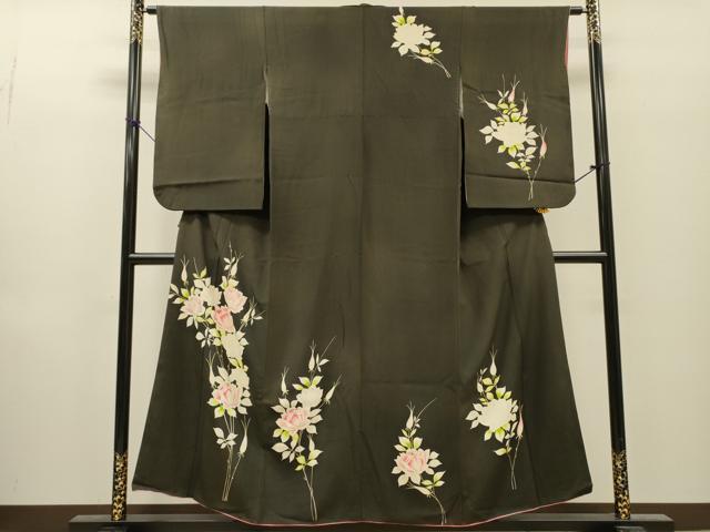 平和屋着物▼訪問着　手描き　草花　黒地　金彩　正絹　逸品　DABI7386fe