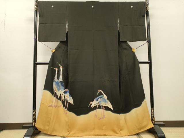 平和屋着物▼豪華黒留袖　刺繍　群鳥　暈し染　正絹　逸品　DABI7401fe