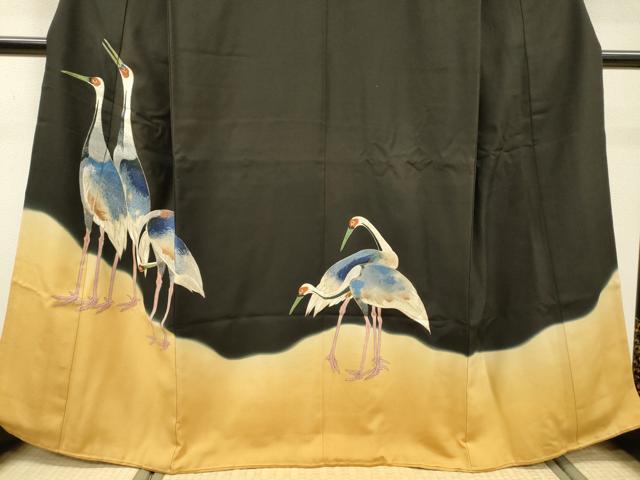平和屋着物▼豪華黒留袖　刺繍　群鳥　暈し染　正絹　逸品　DABI7401fe