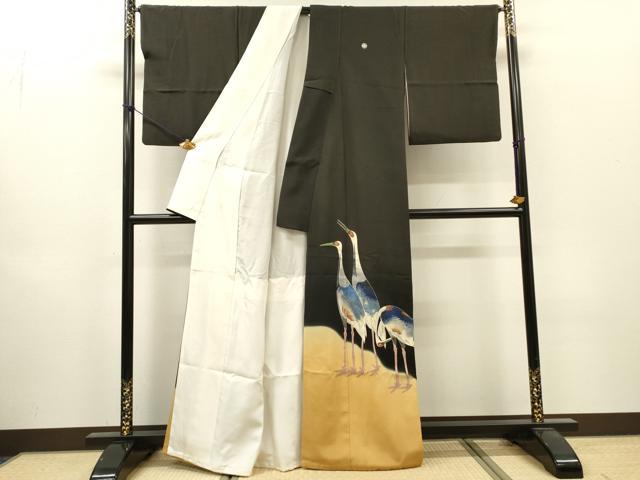 平和屋着物▼豪華黒留袖　刺繍　群鳥　暈し染　正絹　逸品　DABI7401fe