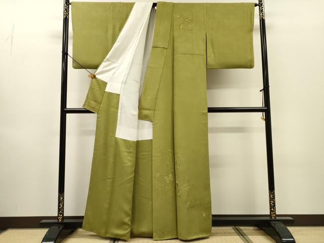 平和屋着物▼中国三大刺繍　スワトウ刺繍　汕頭刺繍　総刺繍　無地絵羽訪問着　色紙花文　根岸色　正絹　逸品　DABI7405fe