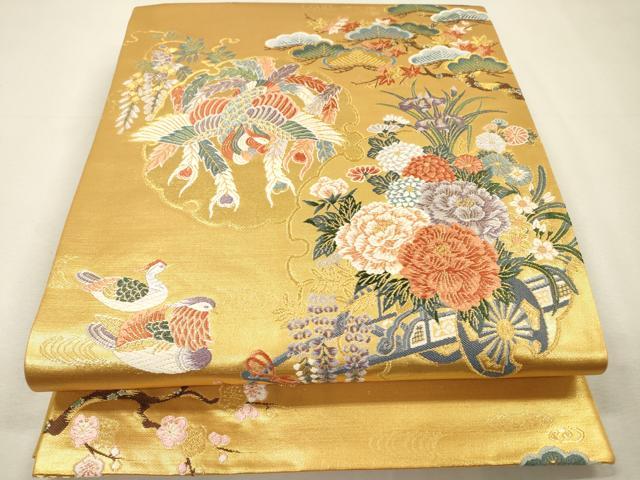 平和屋着物▼六通柄袋帯　唐織　舞　雪輪鳳凰花車文　金糸　正絹　逸品　DABI7410fe