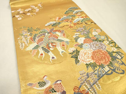 平和屋着物▼六通柄袋帯　唐織　舞　雪輪鳳凰花車文　金糸　正絹　逸品　DABI7410fe