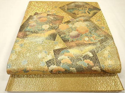 平和屋着物▼太鼓柄袋帯　螺鈿　色紙鴛鴦花文　金糸　正絹　逸品　DABI7414fe