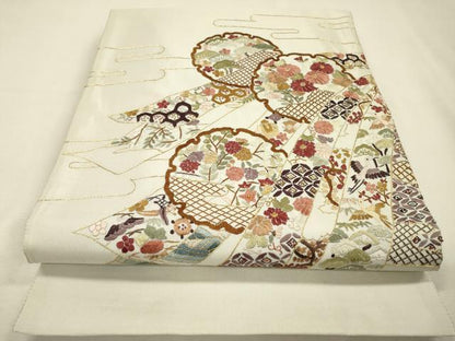 平和屋着物▼中国三大刺繍　相良刺繍　総刺繍　太鼓柄袋帯　雪輪短冊花文　金糸　正絹　逸品　DABI7415fe