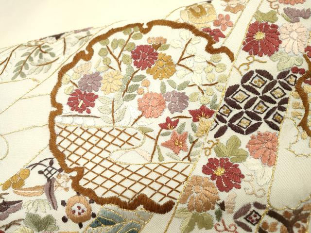 平和屋着物▼中国三大刺繍　相良刺繍　総刺繍　太鼓柄袋帯　雪輪短冊花文　金糸　正絹　逸品　DABI7415fe