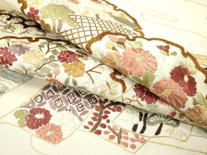 平和屋着物▼中国三大刺繍　相良刺繍　総刺繍　太鼓柄袋帯　雪輪短冊花文　金糸　正絹　逸品　DABI7415fe